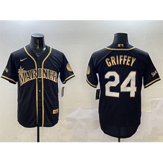 Men's Seattle Mariners #24 Ken Griffey Jr. Black Gold Cool Base Stitched Baseball Jersey - Ujersey
