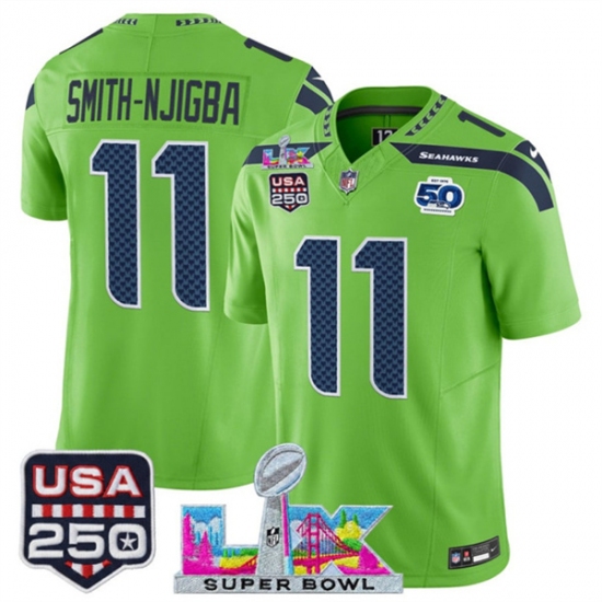 Men's Seattle Seahawks #11 Jaxon Smith-Njigba Green 2025 F.U.S.E. Super Bowl LX And 50th Season & USA 250 Vapor Limited Football Stitched Jersey