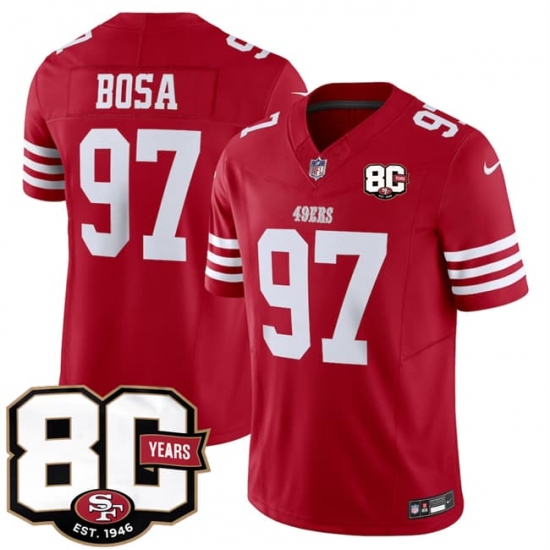 Men's San Francisco 49ers #97 Nick Bosa Red 80th Anniversary 2026 F.U.S.E. Vapor Untouchable Limited Football Stitched Jersey - Ujersey