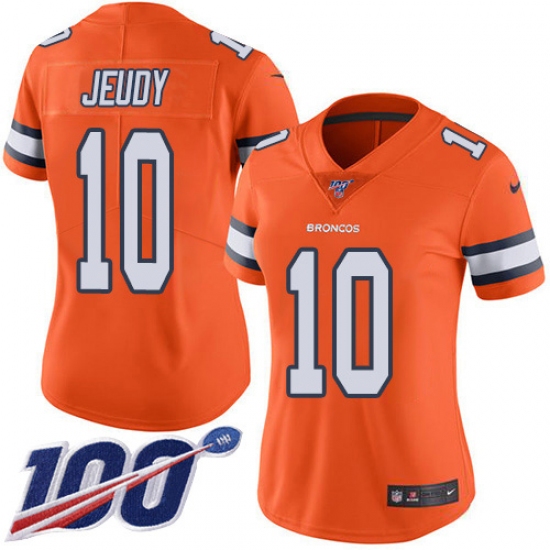 Women's Denver Broncos #10 Jerry Jeudy Orange Stitched Limited Rush 100th Season Jersey - Ujersey