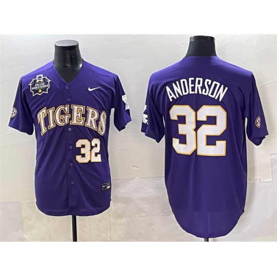 Men's LSU Tigers #32 Kade Anderson Purple 2025 World Series & SEC Patch Stitched Baseball Jersey - Ujersey