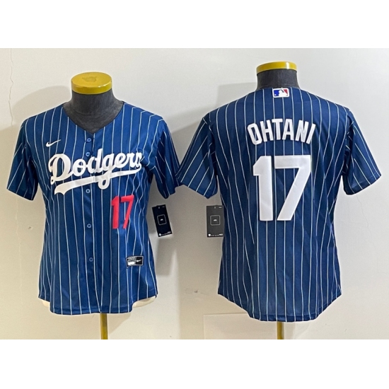 Women's Los Angeles Dodgers #17 Shohei Ohtani Number Red Navy Blue Pinstripe Stitched Cool Base Nike Jerseys - Ujersey