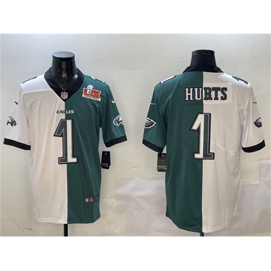 Men's Philadelphia Eagles #1 Jalen Hurts White & Green Split 2025 Super Bowl LIX Vapor Untouchable Limited Football Stitched Jersey - Ujersey