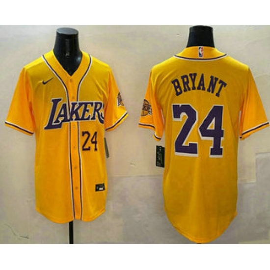 Men's Los Angeles Lakers #24 Kobe Bryant Number Yellow Purple With Cool Base Stitched Baseball Jersey - Ujersey