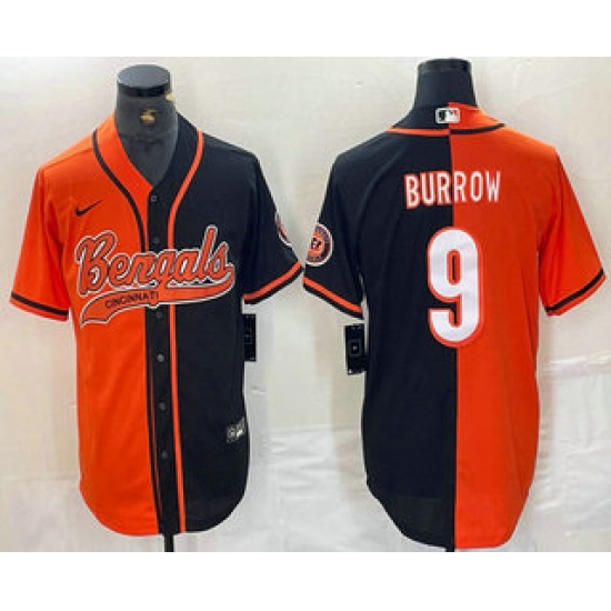 Men's Cincinnati Bengals #9 Joe Burrow Orange Black Two Tone Cool Base Stitched Baseball Jersey - Ujersey