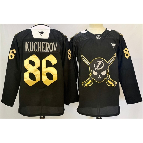 Men's Tampa Bay Lightning #86 Nikita Kucherov 2024-25 Black Gasparilla Inspired Pirate-Themed Warmup Stitched Jersey - Ujersey