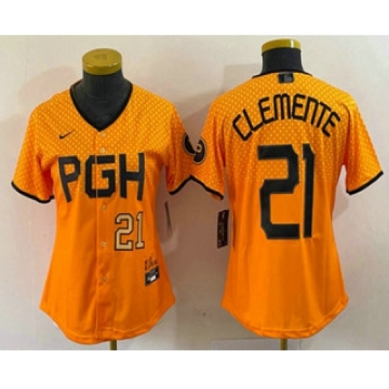 Women's Pittsburgh Pirates #21 Roberto Clemente Number Yellow 2023 City Connect Stitched Jersey2 - Ujersey