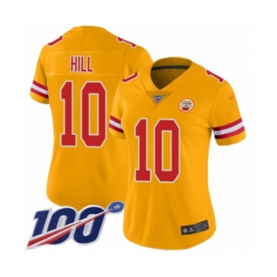 Women's Kansas City Chiefs #10 Tyreek Hill Limited Gold Inverted Legend 100th Season Football Jersey - Ujersey