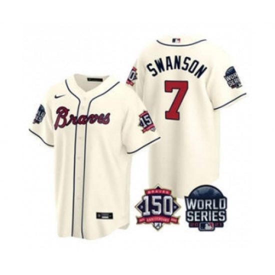 Men's Atlanta Braves #7 Dansby Swanson 2021 Cream World Series With 150th Anniversary Patch Cool Base Baseball Jersey - Ujersey