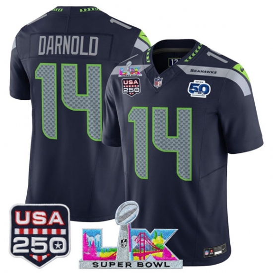 Men's Seattle Seahawks #14 Sam Darnold Navy 2025 F.U.S.E. Super Bowl LX And 50th Season & USA 250 Vapor Throwback Limited Football Stitched Jersey - Ujersey