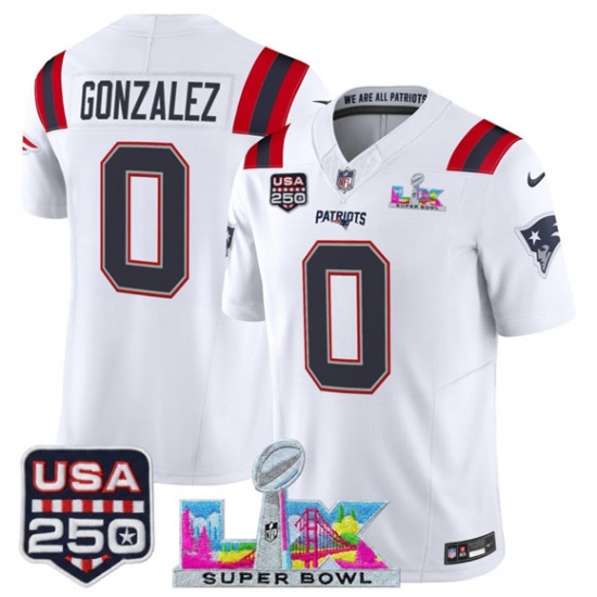 Men's New England Patriots #0 Christian Gonzalez White 2025 F.U.S.E. Super Bowl LX And USA 250 Vapor Limited Football Stitched Jersey - Ujersey