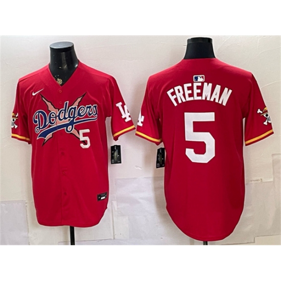 Men's Los Angeles Dodgers x One Piece #5 Freddie Freeman Red Vapor Premier Limited Stitched Baseball Jersey - Ujersey