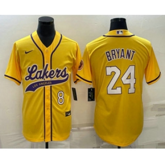 Men's Los Angeles Lakers #8 #24 Kobe Bryant Yellow With Cool Base Stitched Baseball Jersey - Ujersey
