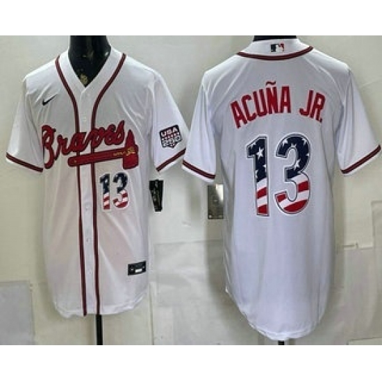 Men's Atlanta Braves #13 Ronald Acuna Jr White USA 250 Fourth of July Home Stadium Stitched Jersey - Ujersey