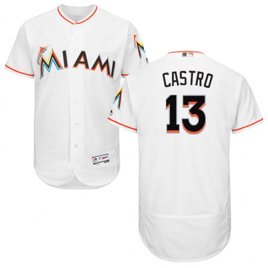 Men's Majestic Miami Marlins #13 Starlin Castro White Home Flex Base Authentic Collection MLB Jersey - Ujersey