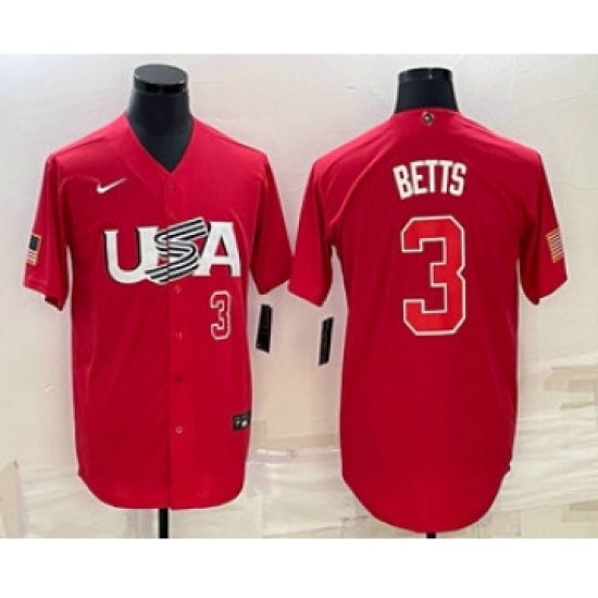 Men's USA Baseball #3 Mookie Betts Number 2023 Red World Classic Stitched Jersey