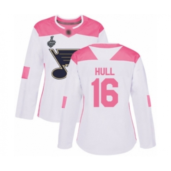 Women's St. Louis Blues #16 Brett Hull Authentic White Pink Fashion 2019 Stanley Cup Final Bound Hockey Jersey - Ujersey