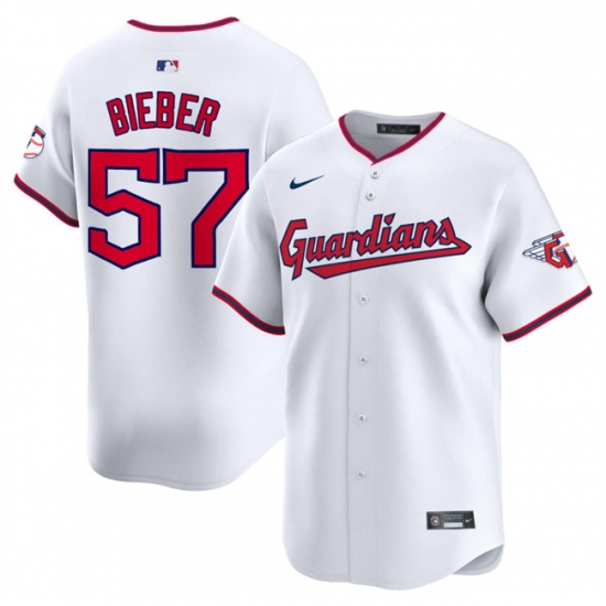 Men's Cleveland Guardians #57 Shane Bieber White Home Limited Stitched Baseball Jersey - Ujersey