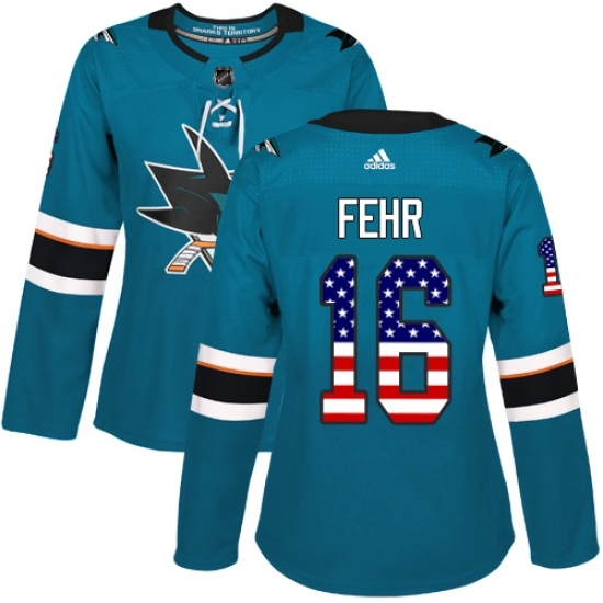 Women's Adidas San Jose Sharks #16 Eric Fehr Authentic Teal Green USA Flag Fashion NHL Jersey - Ujersey