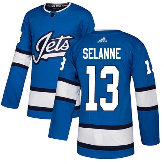 Men's Adidas Winnipeg Jets #13 Teemu Selanne Authentic Blue Alternate NHL Jersey - Ujersey