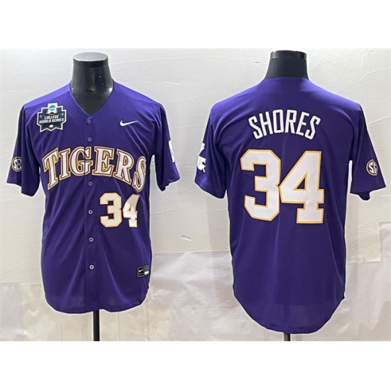 Men's LSU Tigers #34 Chase Shores Purple 2025 World Series & SEC Patch Stitched Baseball Jersey - Ujersey