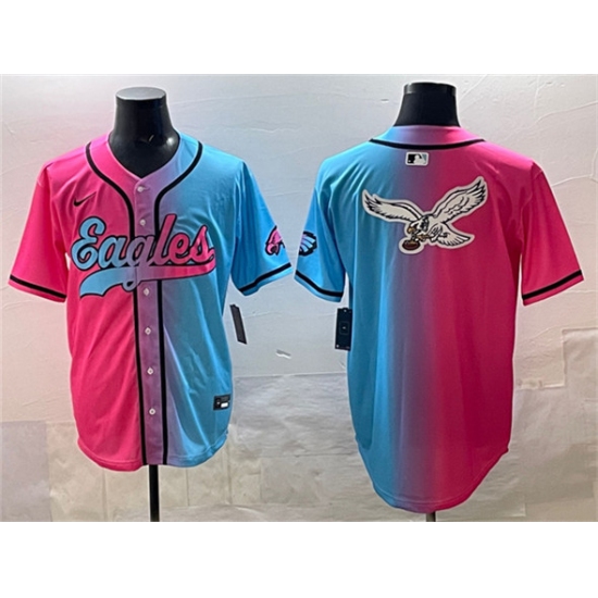 Men's Philadelphia Eagles Team Big Logo Pink Blue Limited Stitched Baseball Jersey1 - Ujersey
