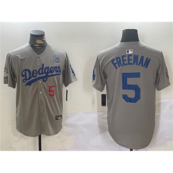 Men's Los Angeles Dodgers #5 Freddie Freeman Gray 2024 World Series With No. 34 Limited Stitched Baseball Jersey - Ujersey
