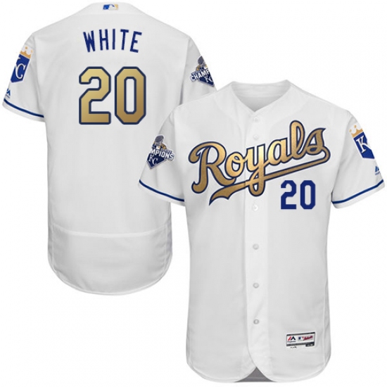 Men's Majestic Kansas City Royals #20 Frank White Authentic White 2015 World Series Champions Gold Program FlexBase MLB Jersey - Ujersey
