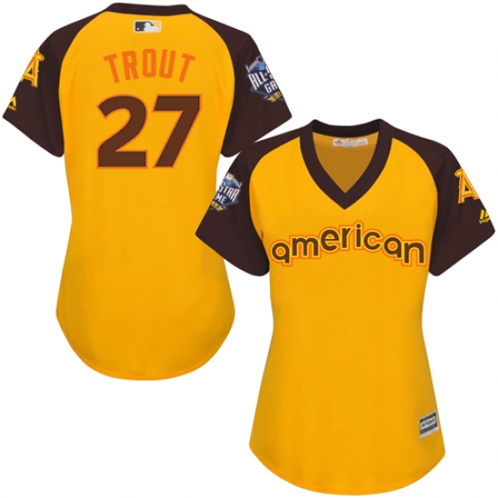 Women's Majestic Los Angeles Angels of Anaheim #27 Mike Trout Authentic Yellow 2016 All-Star American League BP Cool Base MLB Jersey - Ujersey