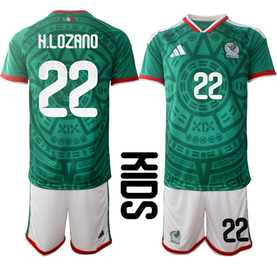 Youth Mexico #22 H.LOZANO National Team FIFA x World Cup 2026 Home Green On Field Kids Jersey