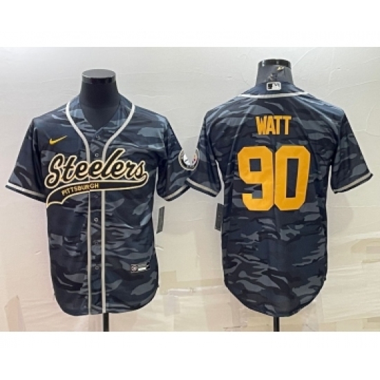 Men's Pittsburgh Steelers #90 TJ Watt Grey Navy Camo With Patch Cool Base Stitched Baseball Jersey - Ujersey