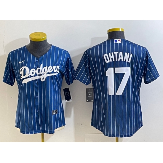 Women's Los Angeles Dodgers #17 Shohei Ohtani Red Navy Blue Pinstripe Stitched Cool Base Nike Jersey1