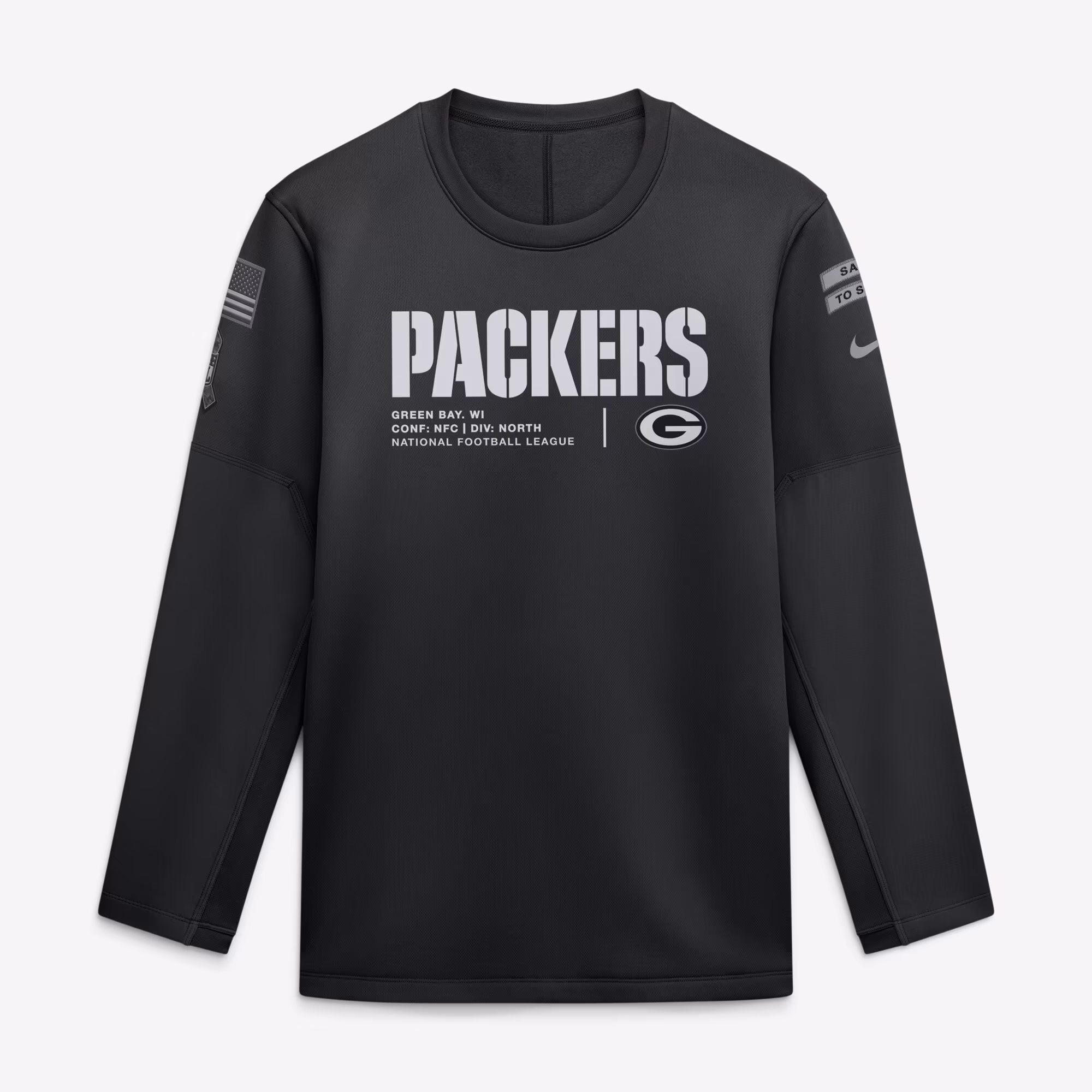 Men's Green Bay Packers  Nike Black 2026 Salute to Service Sideline Coaches Crewneck Therma-FIT Sweatshirt