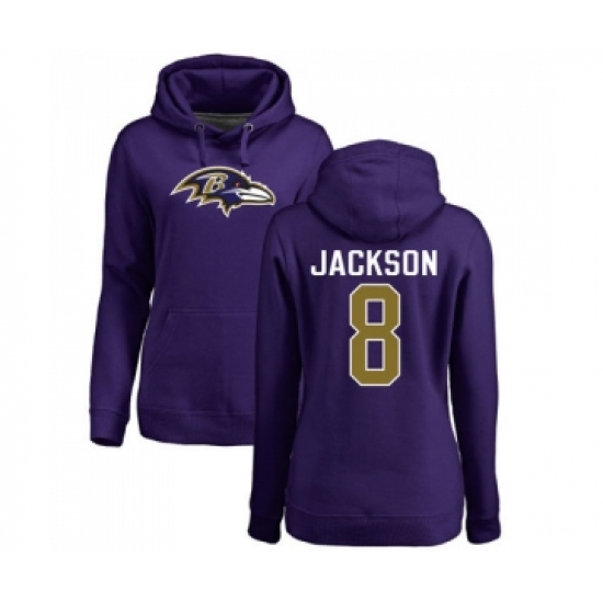 Football Women's Baltimore Ravens #8 Lamar Jackson Purple Name & Number Logo Pullover Hoodie - Ujersey