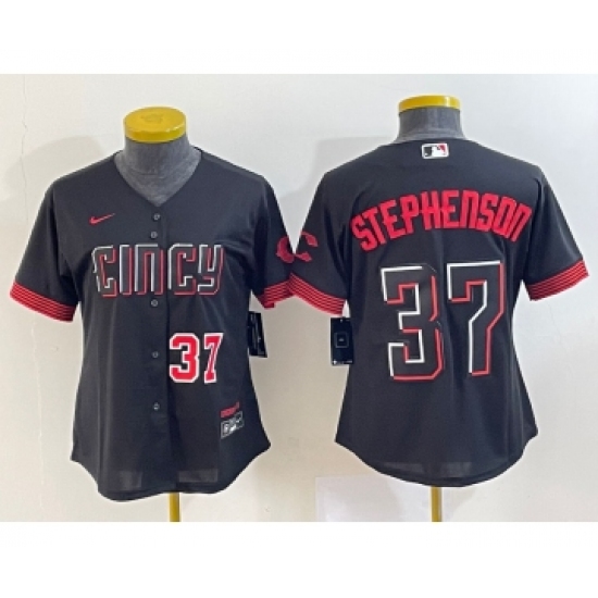 Women's Cincinnati Reds #37 Tyler Stephenson Number Black 2023 City Connect Cool Base Stitched Jersey - Ujersey