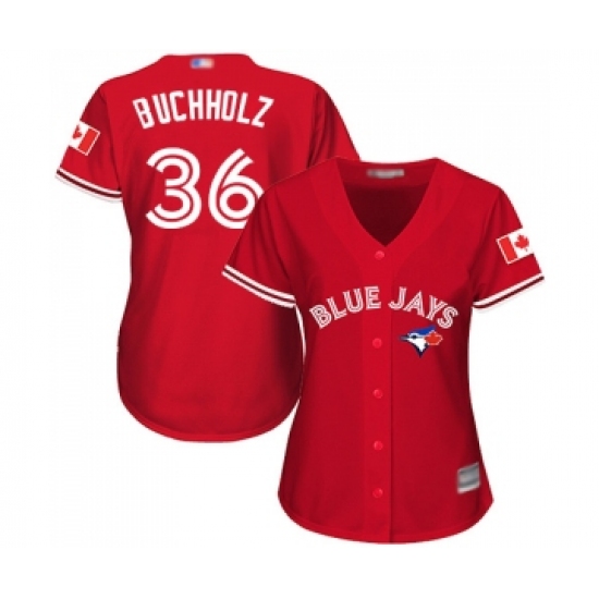 Women's Toronto Blue Jays #36 Clay Buchholz Replica Scarlet Alternate Baseball Jersey