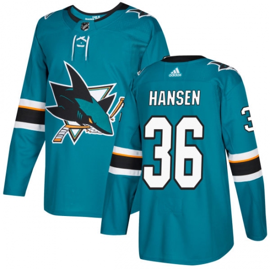 Men's Adidas San Jose Sharks #36 Jannik Hansen Premier Teal Green Home NHL Jersey - Ujersey