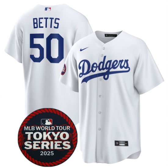Men's Los Angeles Dodgers #50 Mookie Betts White 2025 World Tour Tokyo Series Home Stitched Baseball Jersey - Ujersey