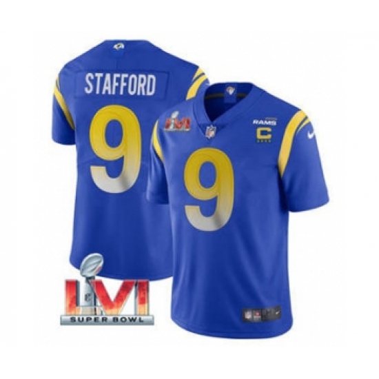 Men's Los Angeles Rams #9 Matthew Stafford 2022 Royal With C Patch Super Bowl LVI Vapor Limited Jersey - Ujersey