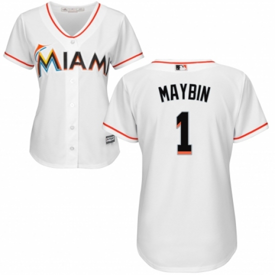 Women's Majestic Miami Marlins #1 Cameron Maybin Authentic White Home Cool Base MLB Jersey - Ujersey