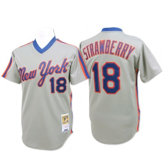 Men's Mitchell and Ness New York Mets #18 Darryl Strawberry Authentic Grey Throwback MLB Jersey - Ujersey