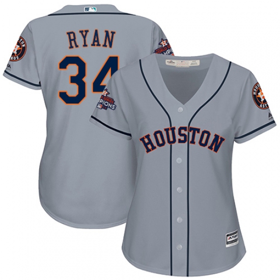 Women's Majestic Houston Astros #34 Nolan Ryan Authentic Grey Road 2017 World Series Champions Cool Base MLB Jersey