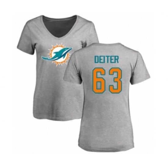 Football Women's Miami Dolphins #63 Michael Deiter Ash Name & Number Logo T-Shirt - Ujersey