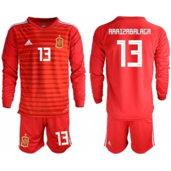 Spain #13 Arrizabalaga Red Long Sleeves Goalkeeper Soccer Country Jersey