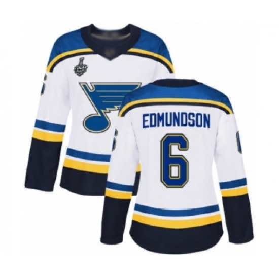 Women's St. Louis Blues #6 Joel Edmundson Authentic White Away 2019 Stanley Cup Final Bound Hockey Jersey - Ujersey