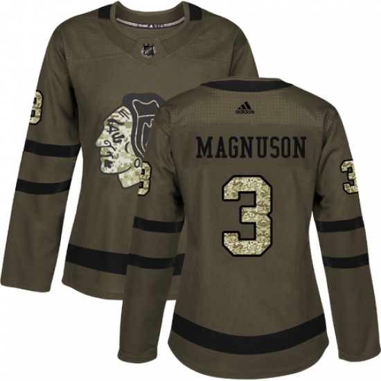 Women's Reebok Chicago Blackhawks #3 Keith Magnuson Authentic Green Salute to Service NHL Jersey - Ujersey