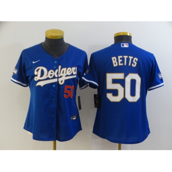 Women's Nike Los Angeles Dodgers #50 Mookie Betts Blue Series Champions Authentic Jersey - Ujersey