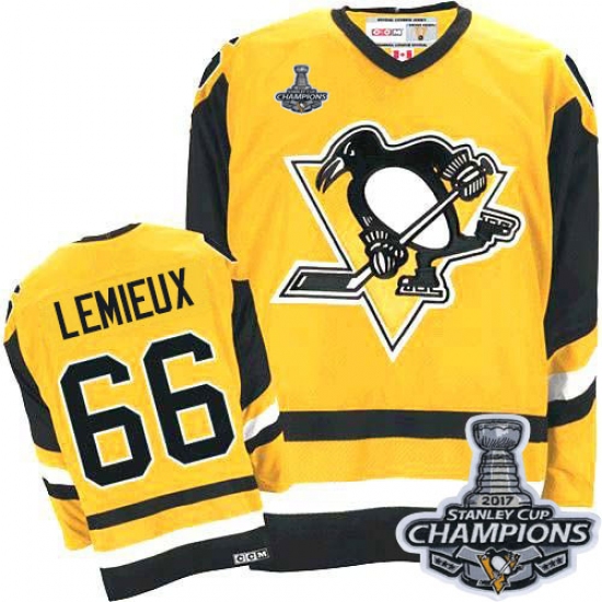Men's CCM Pittsburgh Penguins #66 Mario Lemieux Authentic Yellow Throwback 2017 Stanley Cup Champions NHL Jersey - Ujersey