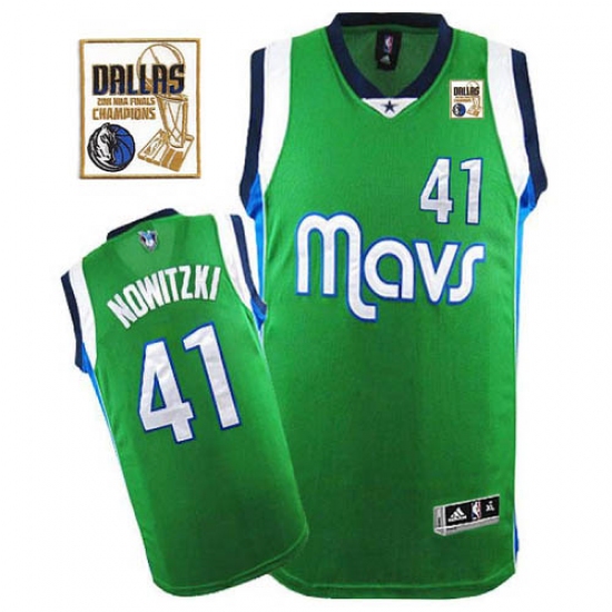 Men's Adidas Dallas Mavericks #41 Dirk Nowitzki Authentic Green Champions Patch NBA Jersey - Ujersey