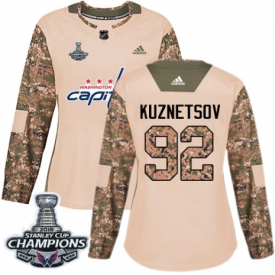 Women's Adidas Washington Capitals #92 Evgeny Kuznetsov Authentic Camo Veterans Day Practice 2018 Stanley Cup Final Champions NHL Jersey - Ujersey